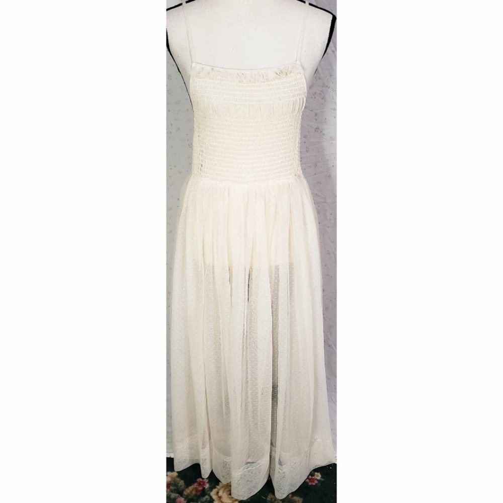 Free People Intimately Maxi Dress Sheer Ivory Swiss Dot Ruched A Line Long - Picture 1 of 4